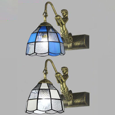 Lisslune | 1 Head Dome Vanity Wall Light Tiffany White/Blue Glass Wall Mounted Light with Mermaid Backplate