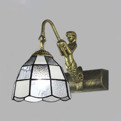 Lisslune | 1 Head Dome Vanity Wall Light Tiffany White/Blue Glass Wall Mounted Light with Mermaid Backplate