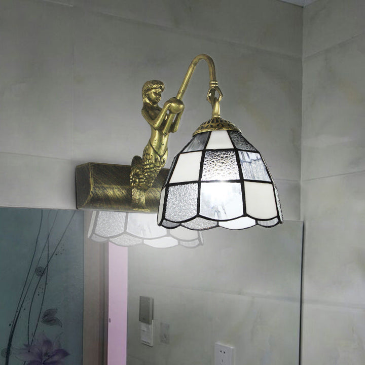 Lisslune | 1 Head Dome Vanity Wall Light Tiffany White/Blue Glass Wall Mounted Light with Mermaid Backplate