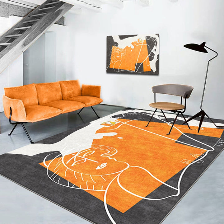 Lisslune | Orange decorative carpet Scandinavian hand-printed report carpet Polyester non-slip backing easy-care living room carpet
