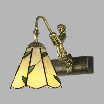Lisslune | 1 Head Bathroom Wall Light Tiffany Antique Brass Sconces Light with Cone White/Green Glass Shade