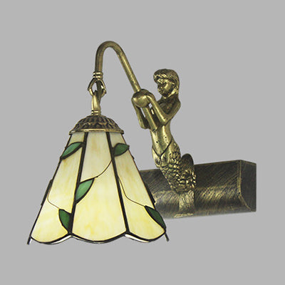Lisslune | 1 Head Bathroom Wall Light Tiffany Antique Brass Sconces Light with Cone White/Green Glass Shade