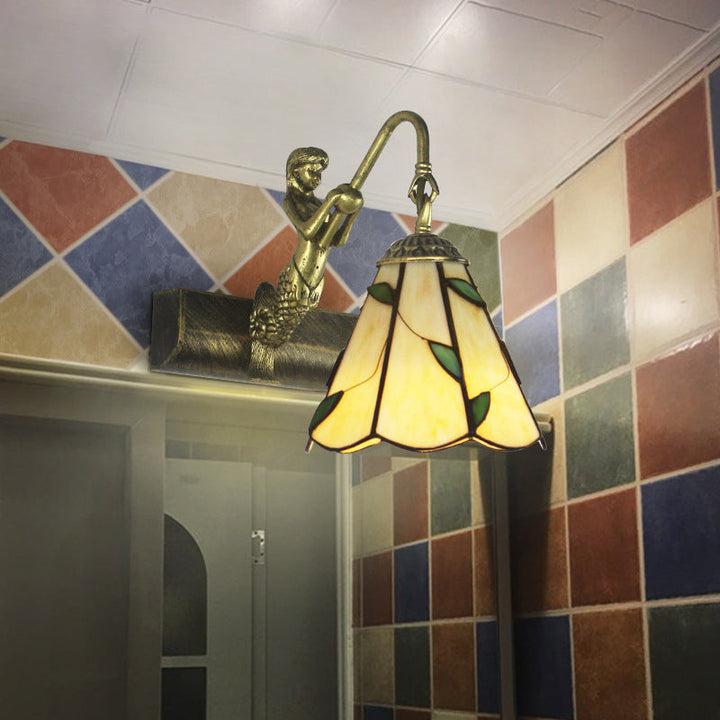Lisslune | 1 Head Bathroom Wall Light Tiffany Antique Brass Sconces Light with Cone White/Green Glass Shade
