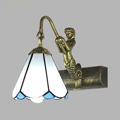 Lisslune | 1 Head Bathroom Wall Light Tiffany Antique Brass Sconces Light with Cone White/Green Glass Shade