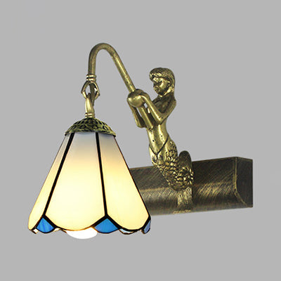 Lisslune | 1 Head Bathroom Wall Light Tiffany Antique Brass Sconces Light with Cone White/Green Glass Shade