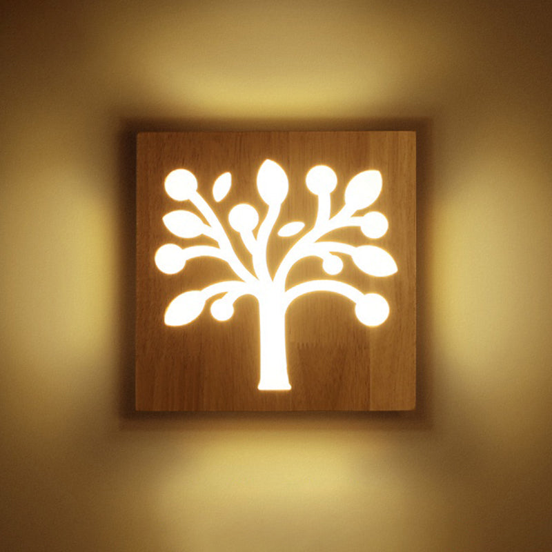 Lisslune | Square Flush-Mount Wall Light Art Deco Wood Hall LED Wall Lighting Fixture