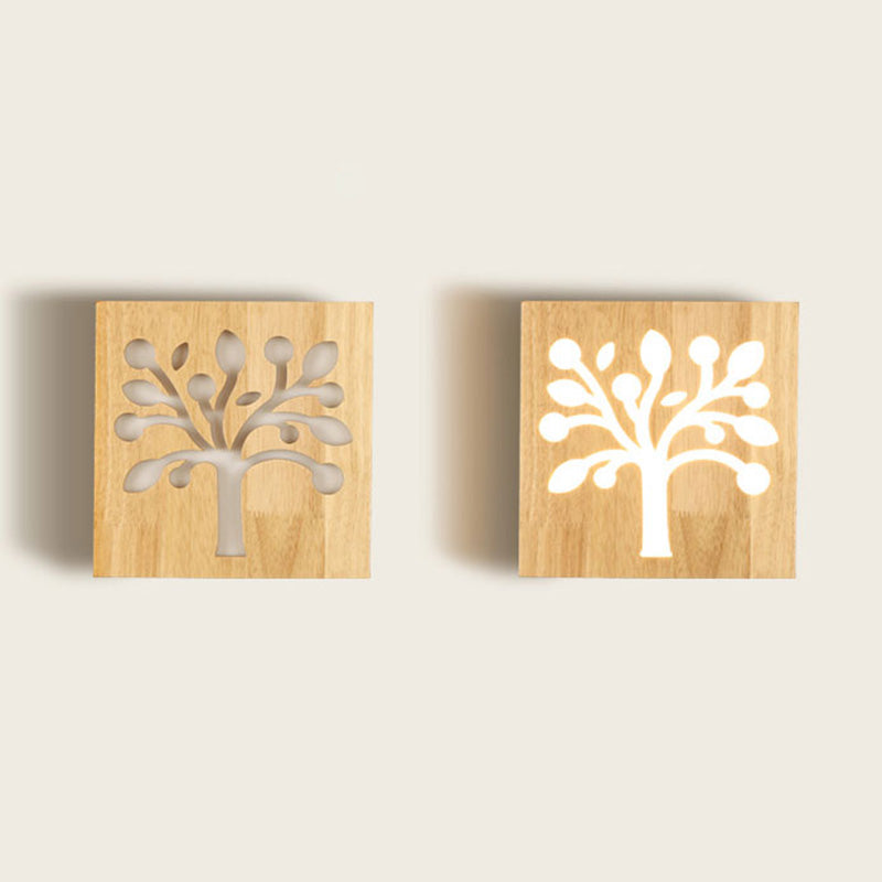 Lisslune | Square Flush-Mount Wall Light Art Deco Wood Hall LED Wall Lighting Fixture