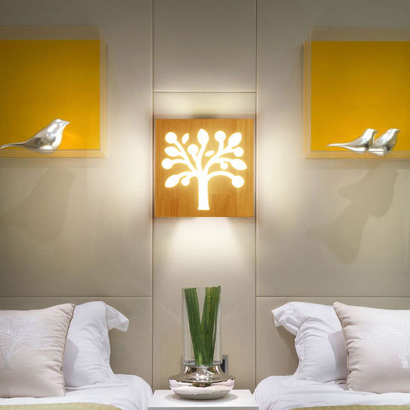 Lisslune | Square Flush-Mount Wall Light Art Deco Wood Hall LED Wall Lighting Fixture