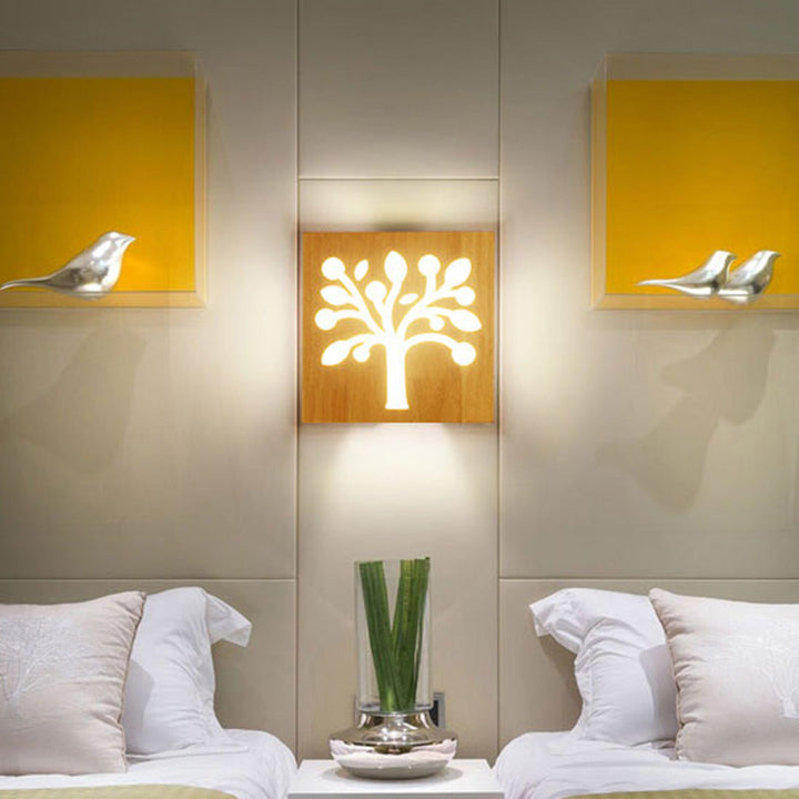 Lisslune | Square Flush-Mount Wall Light Art Deco Wood Hall LED Wall Lighting Fixture