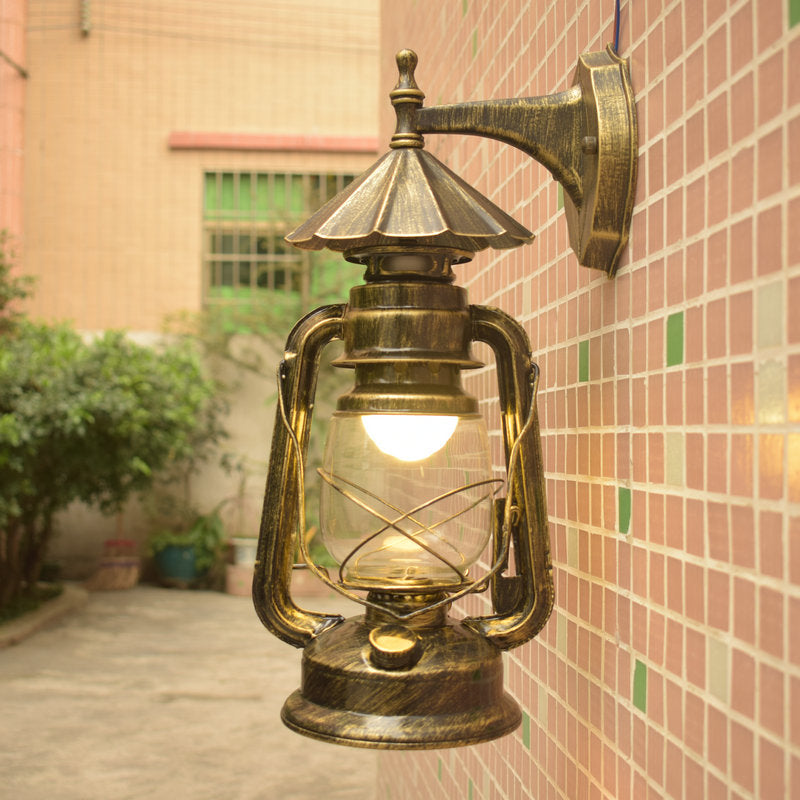 Skørter | Single Beam Oil Lantern Wall Light Antique Style Clear Glass Wall Mounted Light for Hallway