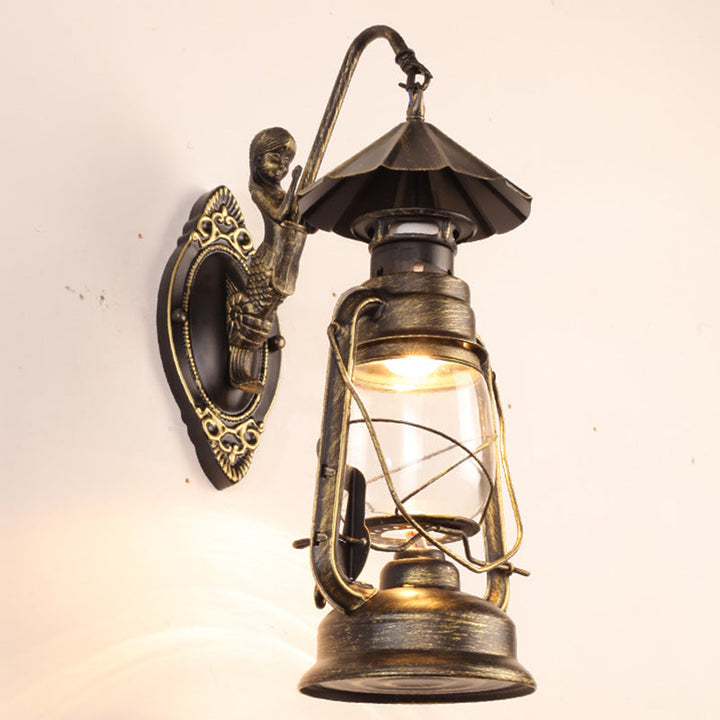 Skørter | Single Beam Oil Lantern Wall Light Antique Style Clear Glass Wall Mounted Light for Hallway