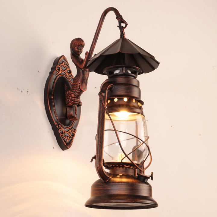 Skørter | Single Beam Oil Lantern Wall Light Antique Style Clear Glass Wall Mounted Light for Hallway