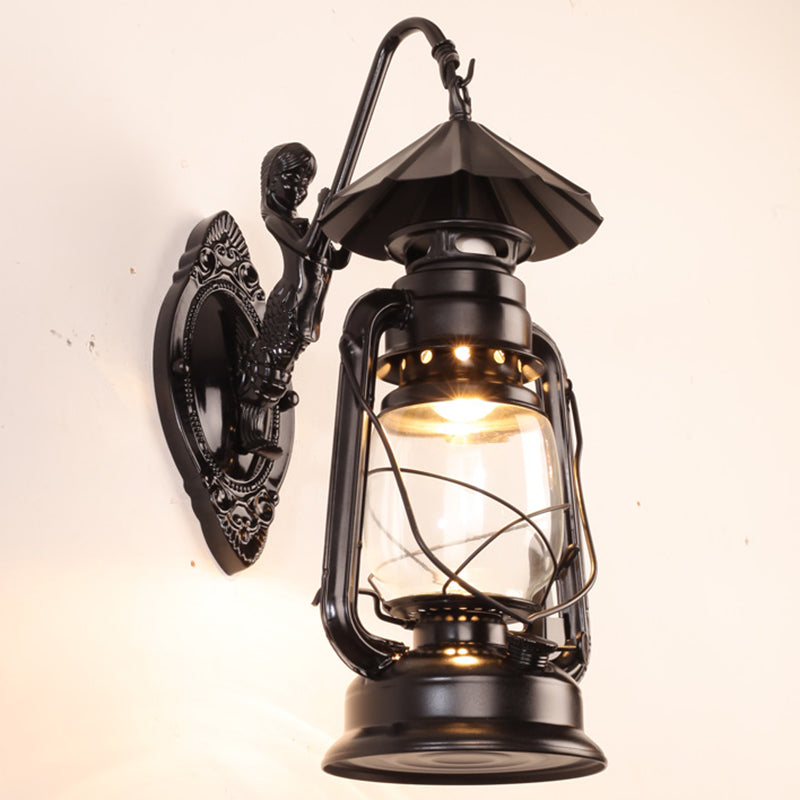 Skørter | Single Beam Oil Lantern Wall Light Antique Style Clear Glass Wall Mounted Light for Hallway