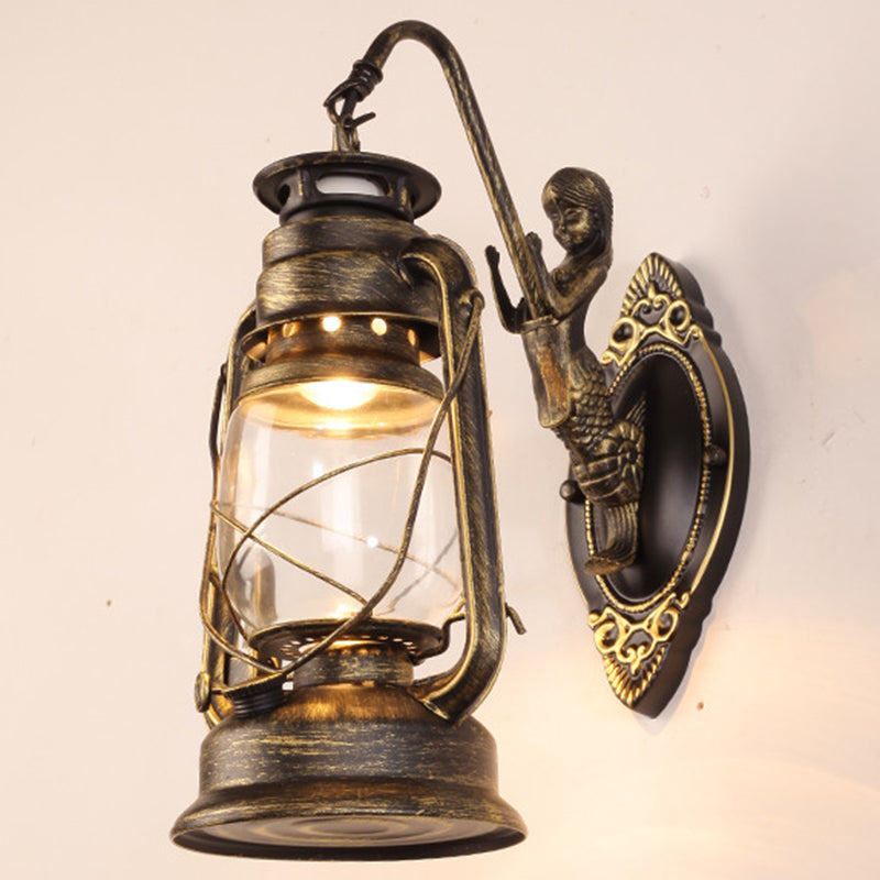 Skørter | Single Beam Oil Lantern Wall Light Antique Style Clear Glass Wall Mounted Light for Hallway