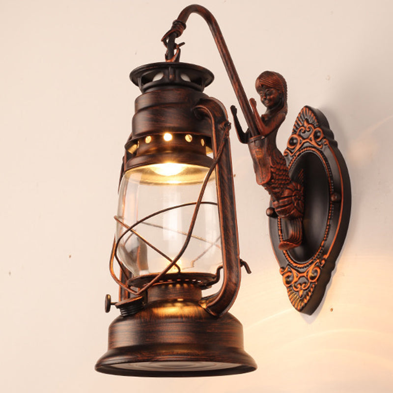 Skørter | Single Beam Oil Lantern Wall Light Antique Style Clear Glass Wall Mounted Light for Hallway
