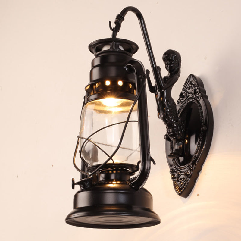 Skørter | Single Beam Oil Lantern Wall Light Antique Style Clear Glass Wall Mounted Light for Hallway