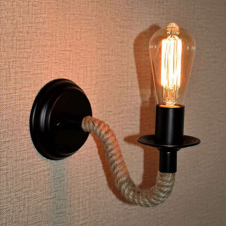 Lisslune | Black outdoor bulb wall lighting country metal single-track wall lamp with rope-wrapped arm