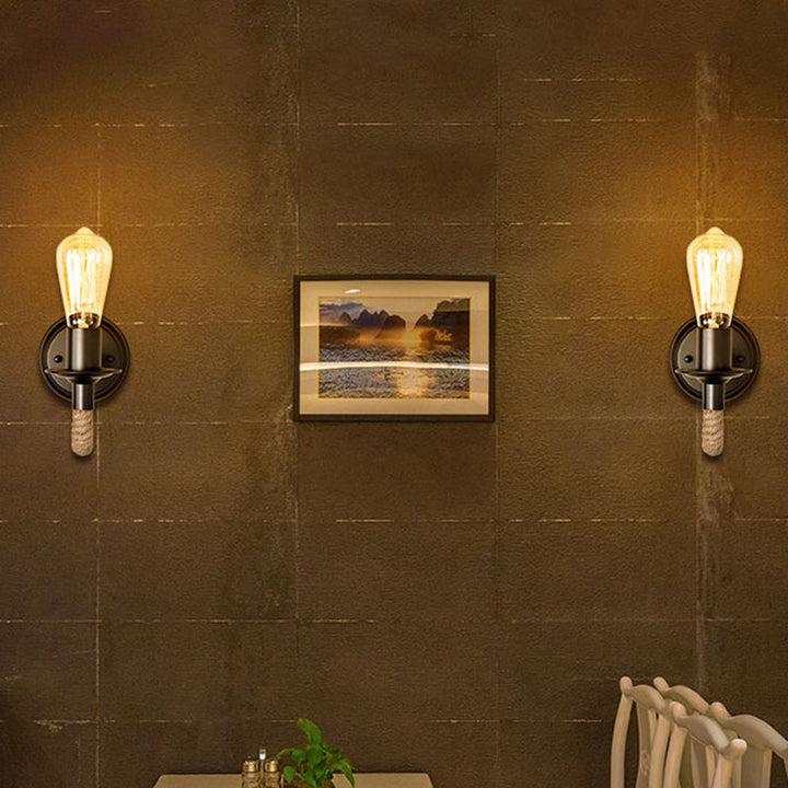Lisslune | Black outdoor bulb wall lighting country metal single-track wall lamp with rope-wrapped arm