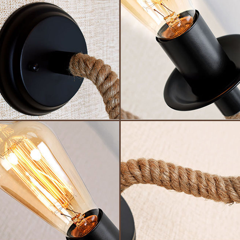 Lisslune | Black outdoor bulb wall lighting country metal single-track wall lamp with rope-wrapped arm