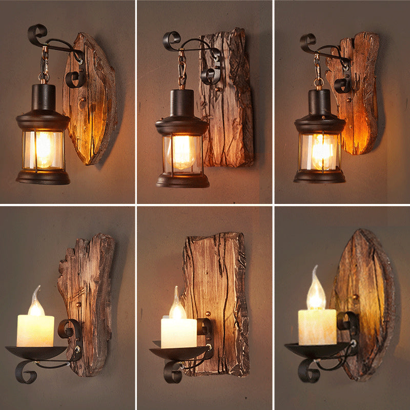 Lisslune | Wooden Brown Wall Lamp Geometrically Designed Country Style Wall Sconce for Hallway