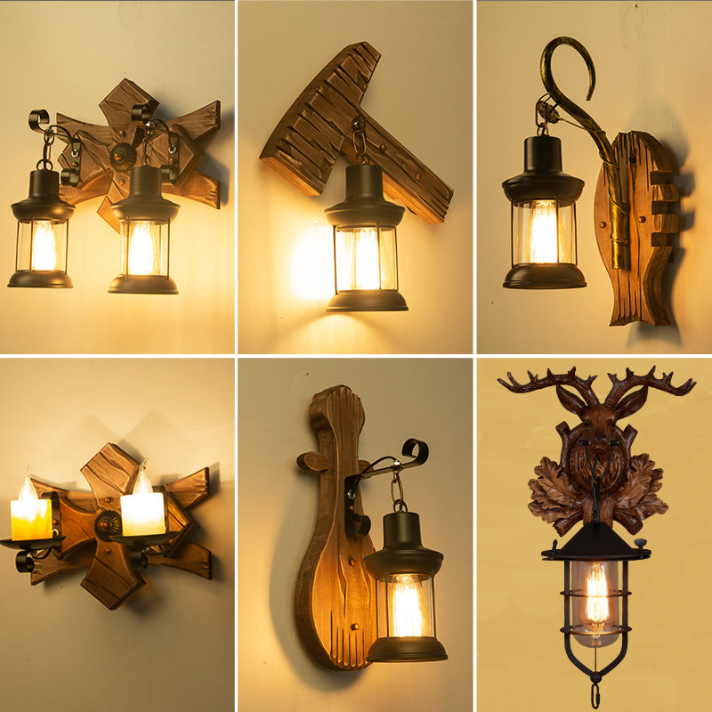 Lisslune | Wooden Brown Wall Lamp Geometrically Designed Country Style Wall Sconce for Hallway