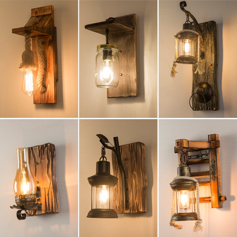 Lisslune | Wooden Brown Wall Lamp Geometrically Designed Country Style Wall Sconce for Hallway