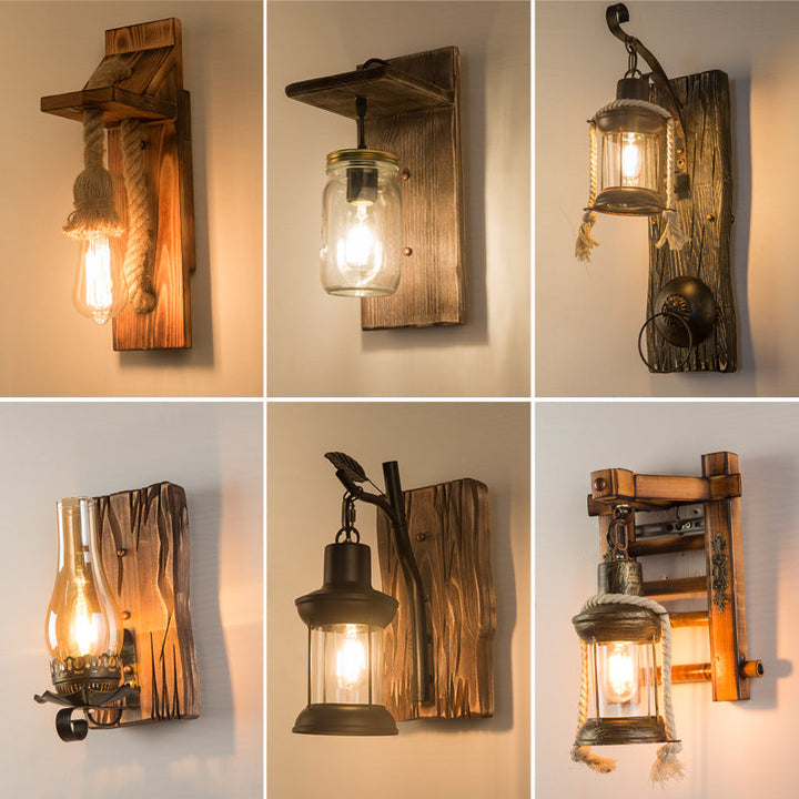 Lisslune | Wooden Brown Wall Lamp Geometrically Designed Country Style Wall Sconce for Hallway