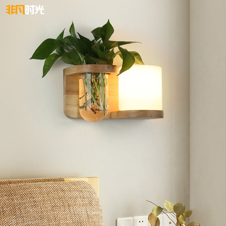 Skørter | Cream Glass Cube Wall Lamp Art Deco 1-Bulb Wood Wall Mount Light with Hydroponic Plant Pot