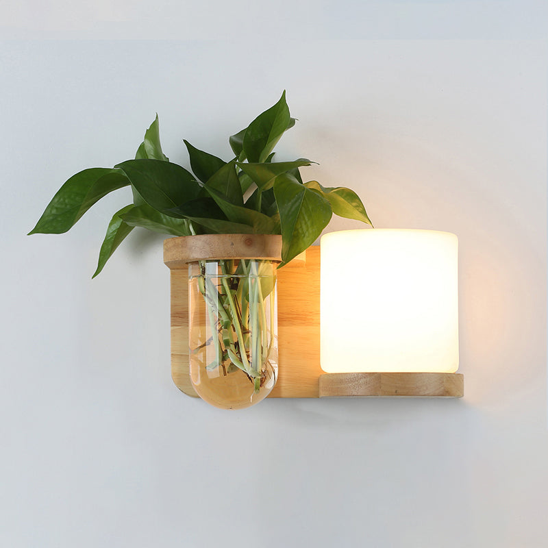 Skørter | Cream Glass Cube Wall Lamp Art Deco 1-Bulb Wood Wall Mount Light with Hydroponic Plant Pot