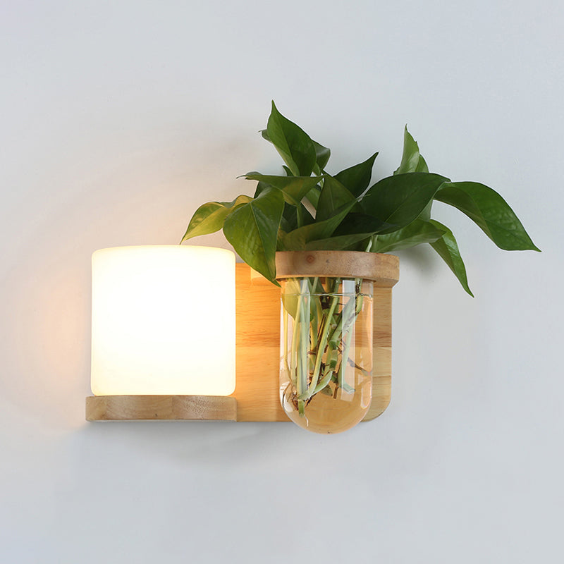 Skørter | Cream Glass Cube Wall Lamp Art Deco 1-Bulb Wood Wall Mount Light with Hydroponic Plant Pot