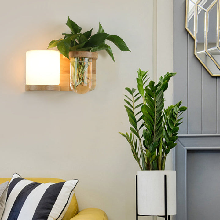 Skørter | Cream Glass Cube Wall Lamp Art Deco 1-Bulb Wood Wall Mount Light with Hydroponic Plant Pot
