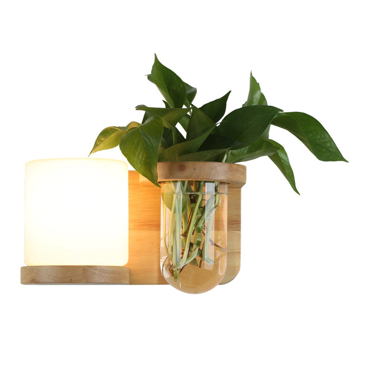 Skørter | Cream Glass Cube Wall Lamp Art Deco 1-Bulb Wood Wall Mount Light with Hydroponic Plant Pot
