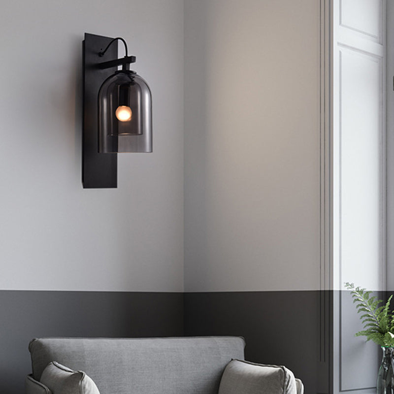 Lisslune | 1 Bulb Living Room Wall Light Mid-Century Black Wall Lamp with Double Dome Glass Shade