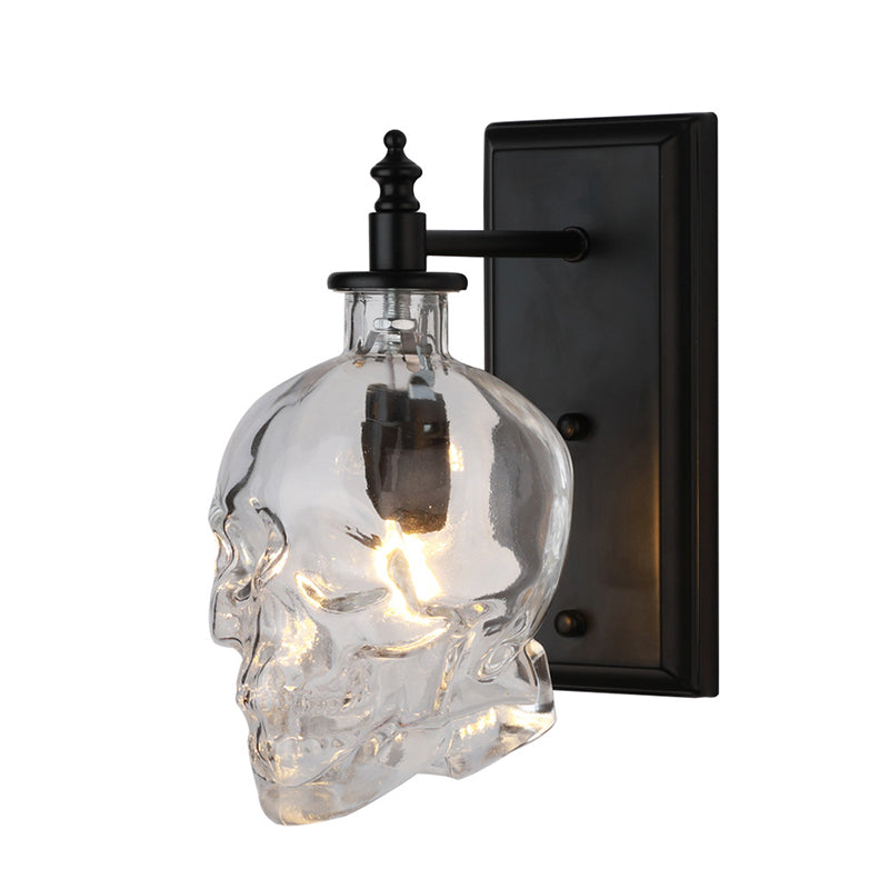 Lisslune | Clear Glass Skull Wall Light Art Deco 1 Head Black Wall Lamp for Bedroom