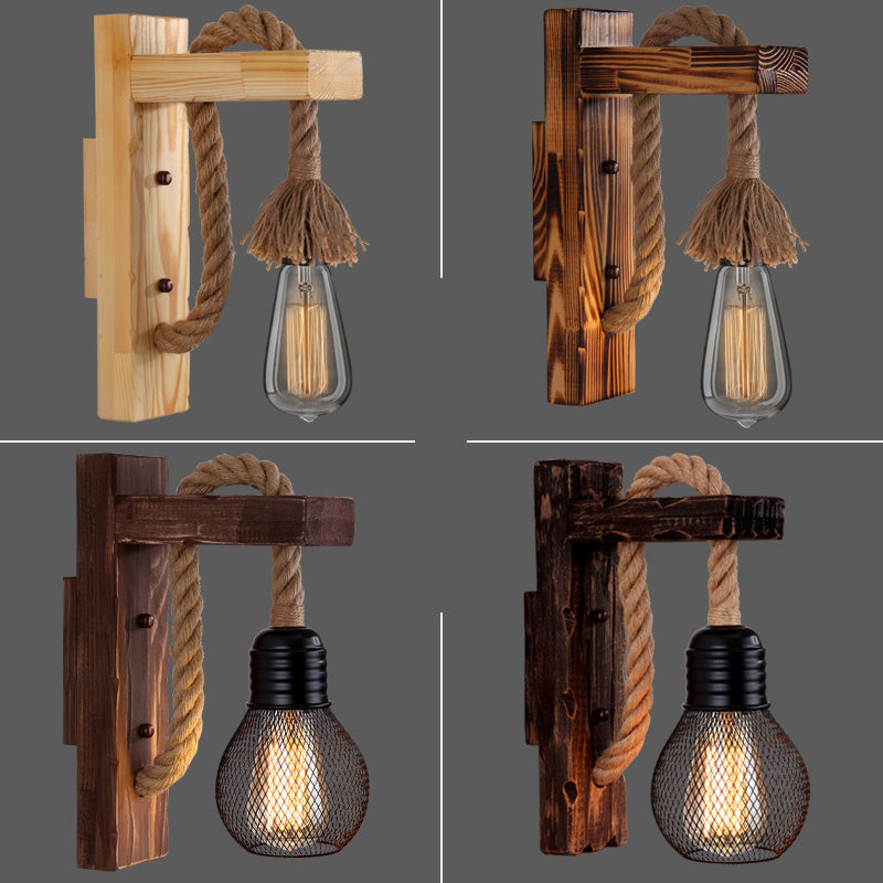 Lisslune | Wooden L-shaped Wall Support Lantern Farmhouse 1 Lamp Bedroom Wall Lamp with Rope Arm