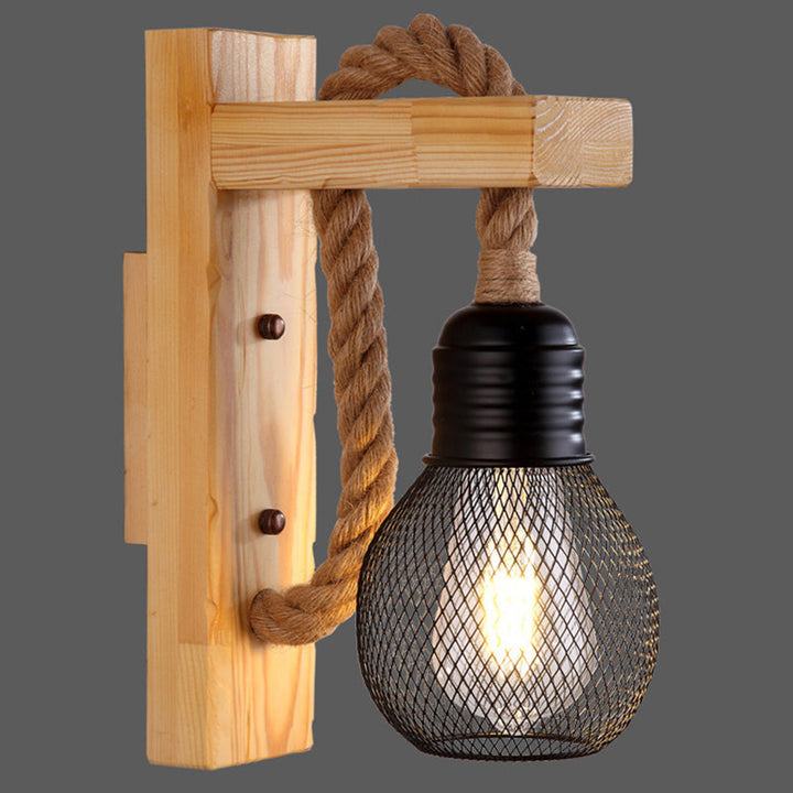 Lisslune | Wooden L-shaped Wall Support Lantern Farmhouse 1 Lamp Bedroom Wall Lamp with Rope Arm