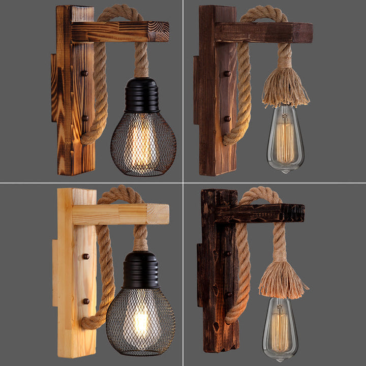 Lisslune | Wooden L-shaped Wall Support Lantern Farmhouse 1 Lamp Bedroom Wall Lamp with Rope Arm