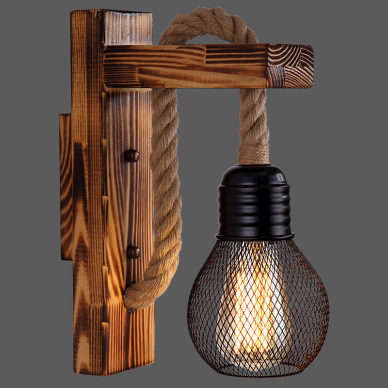 Lisslune | Wooden L-shaped Wall Support Lantern Farmhouse 1 Lamp Bedroom Wall Lamp with Rope Arm