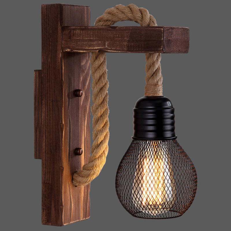 Lisslune | Wooden L-shaped Wall Support Lantern Farmhouse 1 Lamp Bedroom Wall Lamp with Rope Arm