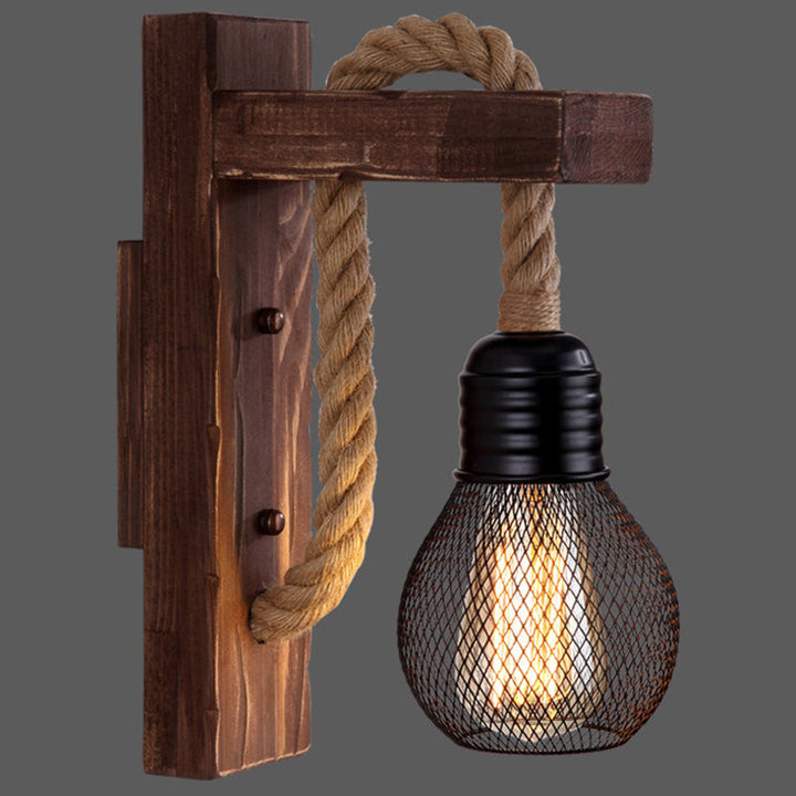Lisslune | Wooden L-shaped Wall Support Lantern Farmhouse 1 Lamp Bedroom Wall Lamp with Rope Arm