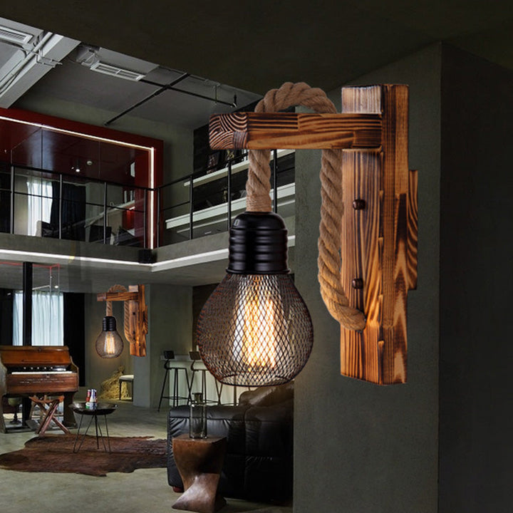 Lisslune | Wooden L-shaped Wall Support Lantern Farmhouse 1 Lamp Bedroom Wall Lamp with Rope Arm