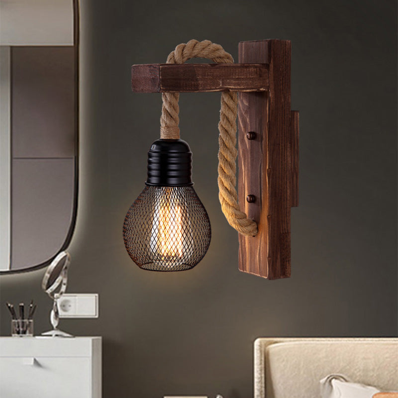 Lisslune | Wooden L-shaped Wall Support Lantern Farmhouse 1 Lamp Bedroom Wall Lamp with Rope Arm