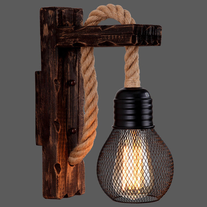 Lisslune | Wooden L-shaped Wall Support Lantern Farmhouse 1 Lamp Bedroom Wall Lamp with Rope Arm