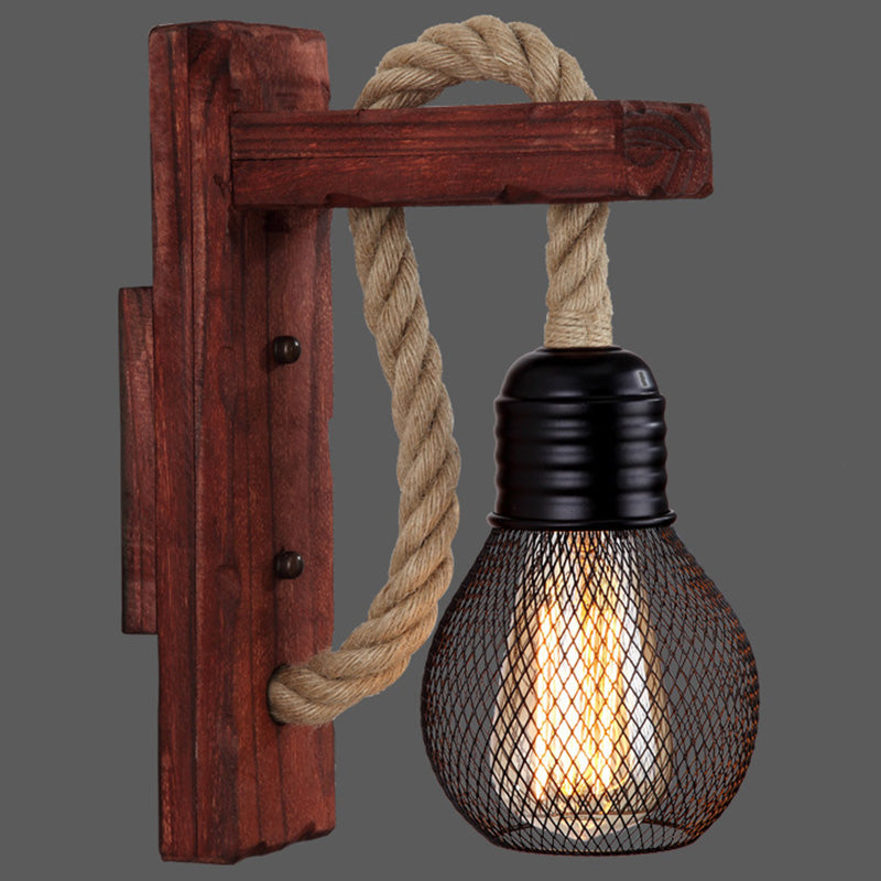 Lisslune | Wooden L-shaped Wall Support Lantern Farmhouse 1 Lamp Bedroom Wall Lamp with Rope Arm