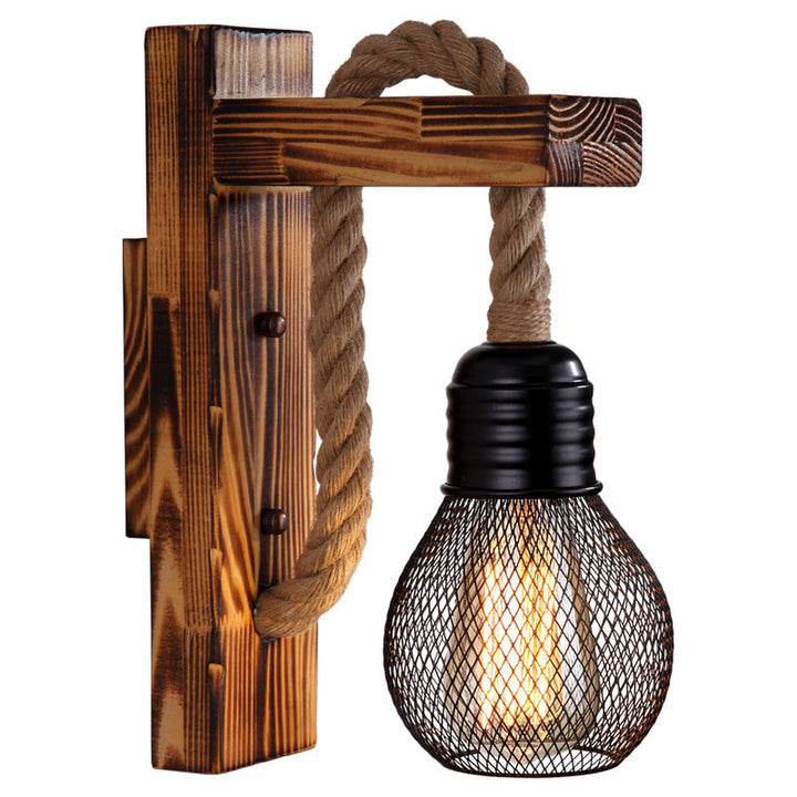 Lisslune | Wooden L-shaped Wall Support Lantern Farmhouse 1 Lamp Bedroom Wall Lamp with Rope Arm