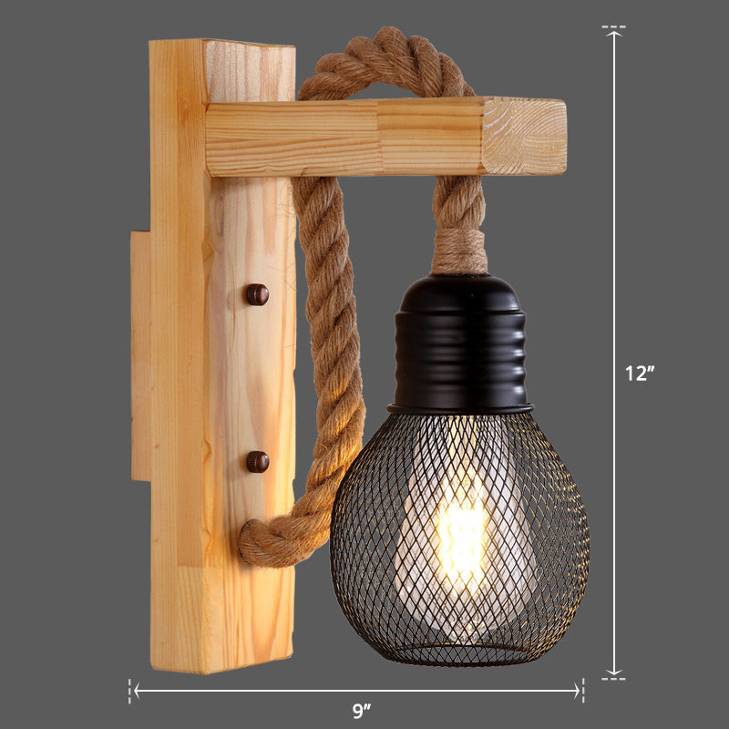 Lisslune | Wooden L-shaped Wall Support Lantern Farmhouse 1 Lamp Bedroom Wall Lamp with Rope Arm