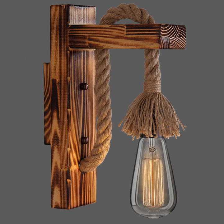 Lisslune | Wooden L-shaped Wall Support Lantern Farmhouse 1 Lamp Bedroom Wall Lamp with Rope Arm