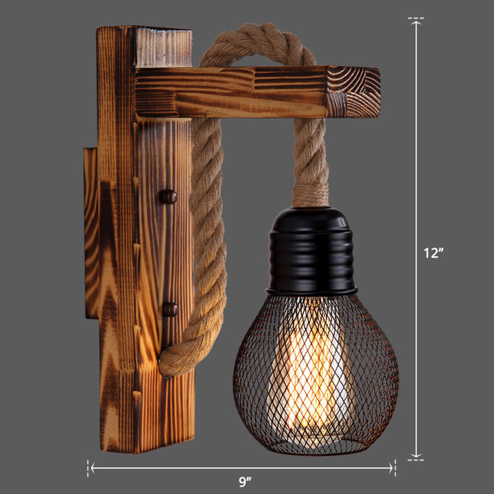 Lisslune | Wooden L-shaped Wall Support Lantern Farmhouse 1 Lamp Bedroom Wall Lamp with Rope Arm