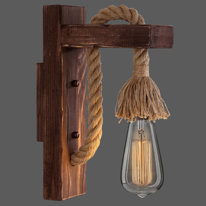 Lisslune | Wooden L-shaped Wall Support Lantern Farmhouse 1 Lamp Bedroom Wall Lamp with Rope Arm