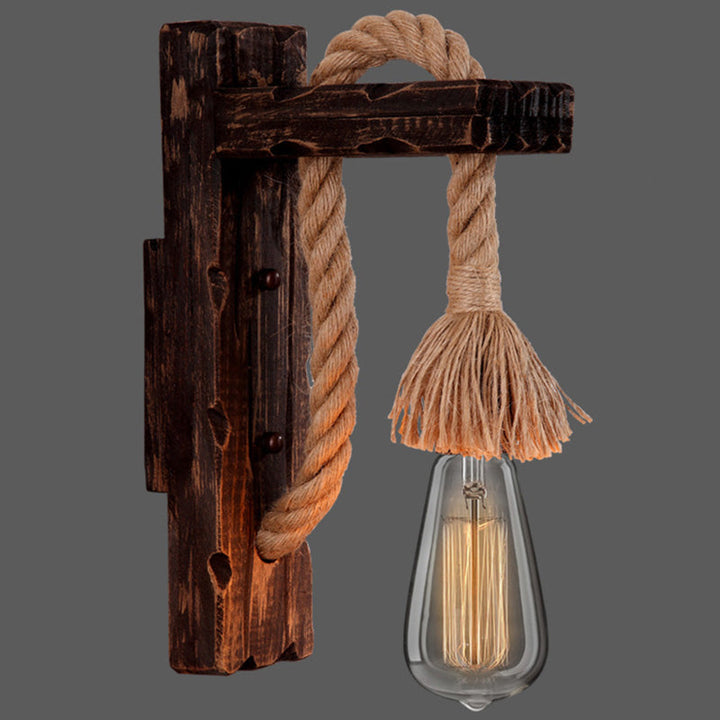 Lisslune | Wooden L-shaped Wall Support Lantern Farmhouse 1 Lamp Bedroom Wall Lamp with Rope Arm